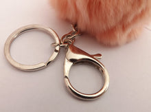 Load image into Gallery viewer, Peach Pink Fluffy Pompom Silver Tone Key Ring with Purse Clip
