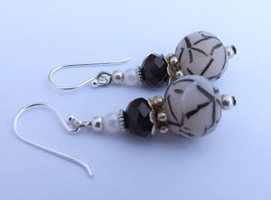 Pearl White & Black Kathryn Design Bead Earrings on Sterling Silver Hooks