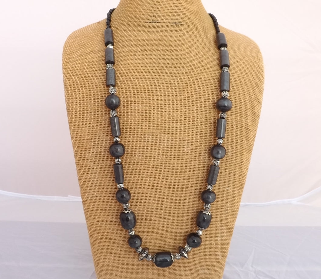 Pearly Grey Black Vintage Plastic Bead Necklace