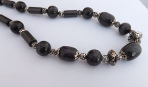 Pearly Grey Black Vintage Plastic Bead Necklace
