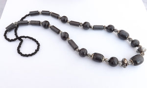 Pearly Grey Black Vintage Plastic Bead Necklace