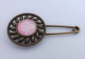 Pin Brooch Pink, White & Brone Tone