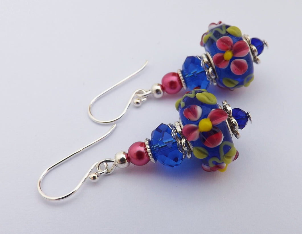 Pink Flowers on Blue Art Glass Bead Earrings on Sterling Silver Hooks