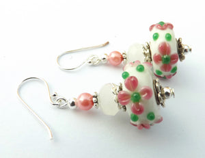 Pink 3D Flowers on White Art Glass Bead Earrings on Sterling Silver Hooks