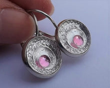 Load image into Gallery viewer, Pink Dot on Silver Round Earrings on Lever Back Hooks
