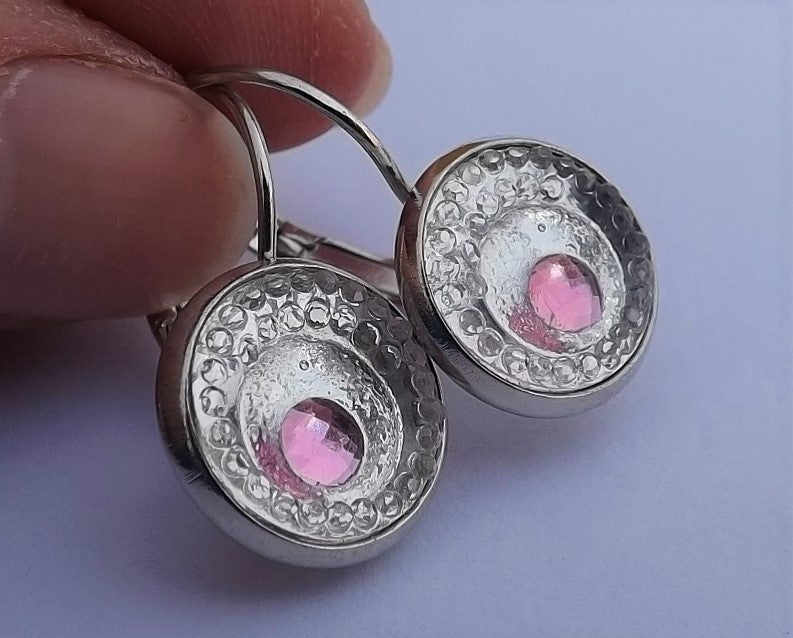Pink Dot on Silver Round Earrings on Lever Back Hooks
