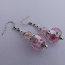 Load image into Gallery viewer, Pink Floral Foil Handmade Lampwork Glass Bead Earrings
