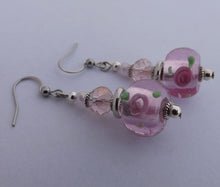 Load image into Gallery viewer, Pink Floral Foil Handmade Lampwork Glass Bead Earrings
