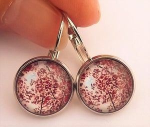 Pink Floral Dome Earrings on Lever Back Hooks