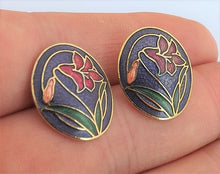 Load image into Gallery viewer, Pink Flower on Purple, Oval Vintage Enamel Stud Earrings
