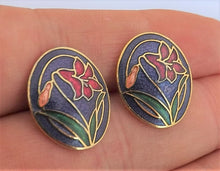 Load image into Gallery viewer, Pink Flower on Purple, Oval Vintage Enamel Stud Earrings
