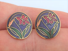 Load image into Gallery viewer, Pink Flower on Purple, Oval Vintage Enamel Stud Earrings
