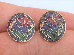 Pink Flower on Purple, Oval Vintage Enamel Stud Earrings