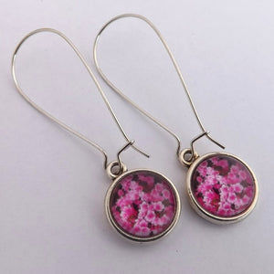 Pink Flowers Dome Earrings on Long Kidney Hooks