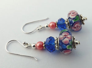 Pink Flowers on Blue Art Glass Bead Earrings on Sterling Silver Hooks