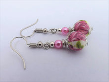 Load image into Gallery viewer, Pink Flowers on White Bead Earrings
