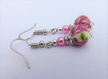 Load image into Gallery viewer, Pink Flowers on White Bead Earrings
