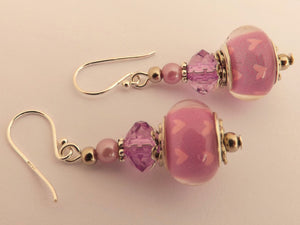 Pink Hearts Acrylic Bead Earrings on Sterling Silver Hooks