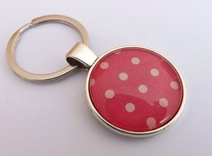 Pink & Cream Polka Dot - Silver Tone Dome Key Ring