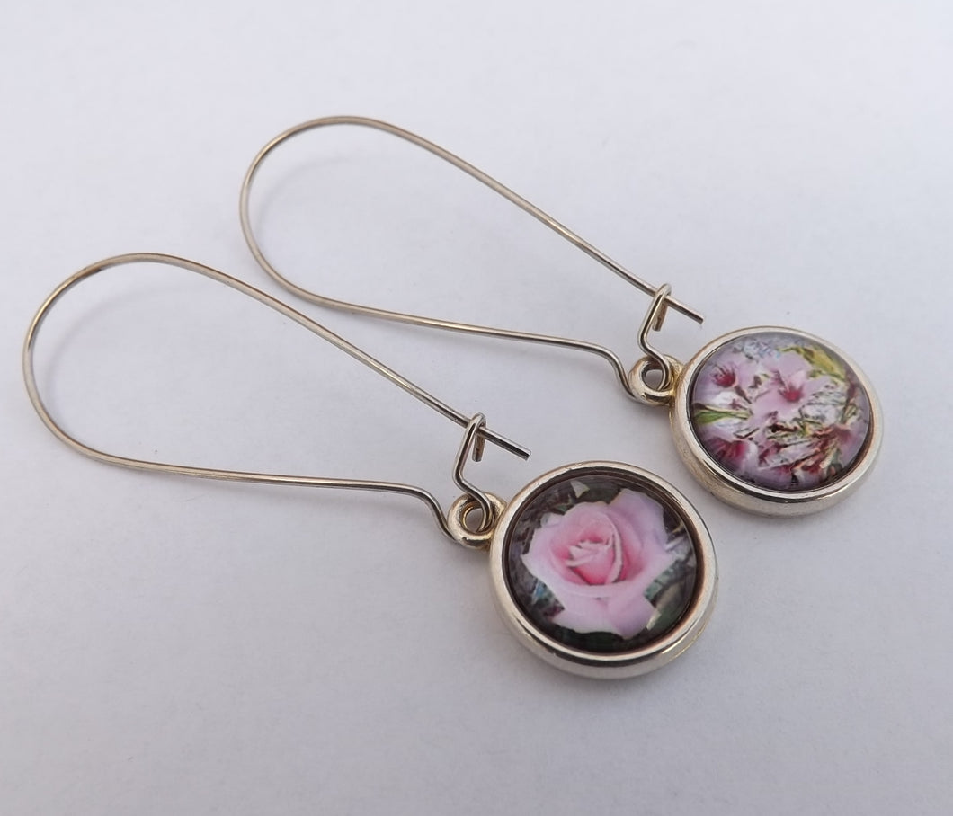 Pink Rose & Cherry Blossoms Double Sided Dome Earrings on Long Kidney Hooks