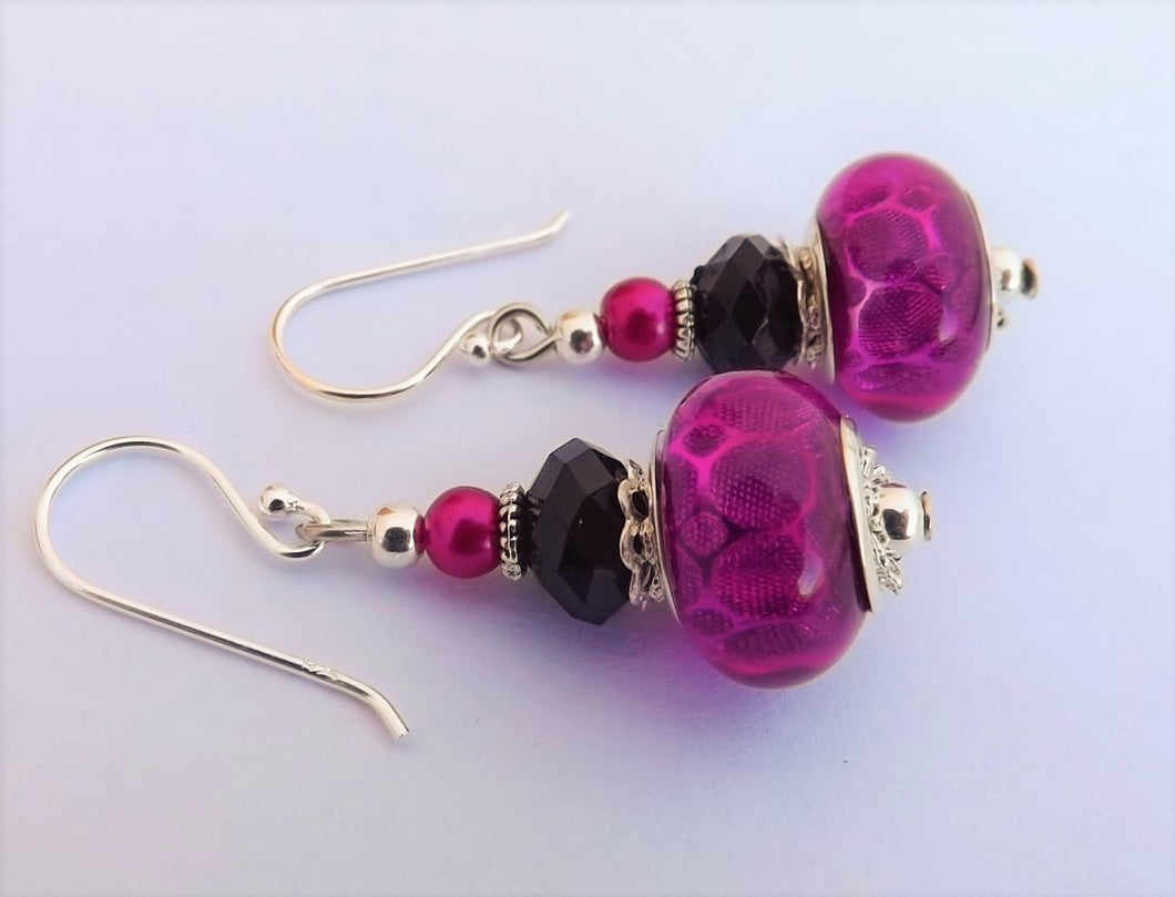 Pink & Black Acrylic Bead Earrings on Sterling Silver Hooks