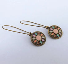 Load image into Gallery viewer, Pink &amp; Bronze Tone Round Dotted Drop Earrings on Long Kidney Hooks
