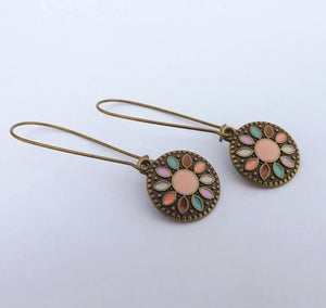 Pink & Bronze Tone Round Dotted Drop Earrings on Long Kidney Hooks