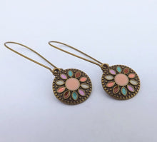 Load image into Gallery viewer, Pink &amp; Bronze Tone Round Dotted Drop Earrings on Long Kidney Hooks
