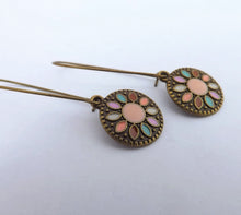 Load image into Gallery viewer, Pink &amp; Bronze Tone Round Dotted Drop Earrings on Long Kidney Hooks
