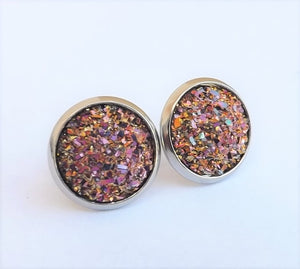 Pink & Copper Tone Glittery Stud Earrings