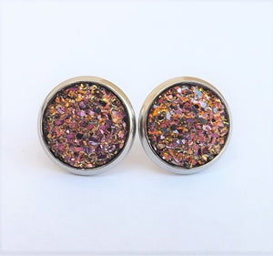 Pink & Copper Tone Glittery Stud Earrings