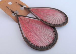 Pink & Copper Tone Stretched Cord on Copper Tone Teardrop Earrings