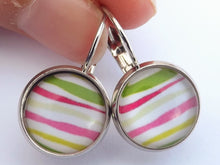 Load image into Gallery viewer, Pink &amp; Green Stripes on White - Silver Tone Dome Earrings on Lever Back Hooks
