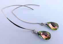 Load image into Gallery viewer, Pink &amp; Green Crystal Teardrop Earrings on Long Kidney Hooks
