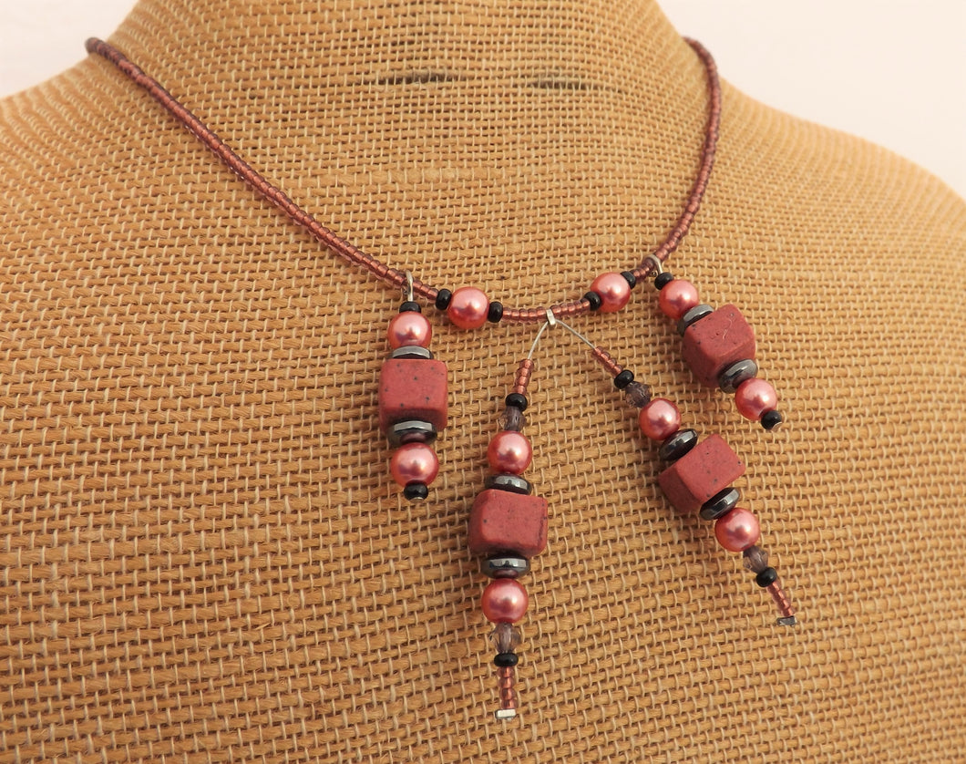 Pink & Hematite Handmade Bead Necklace