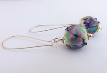 Load image into Gallery viewer, Pink, Purple, Blue &amp; White Lampwork Flower Art Glass Bead Earrings on Long Hooks
