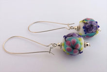 Load image into Gallery viewer, Pink, Purple, Blue &amp; White Lampwork Flower Art Glass Bead Earrings on Long Hooks
