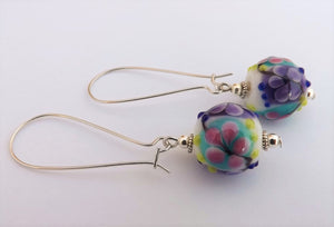 Pink, Purple, Blue & White Lampwork Flower Art Glass Bead Earrings on Long Hooks