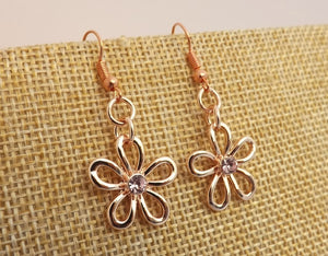 Pink & Rose Gold Tone Flower Drop Earrings