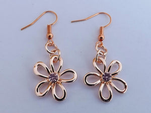 Pink & Rose Gold Tone Flower Drop Earrings