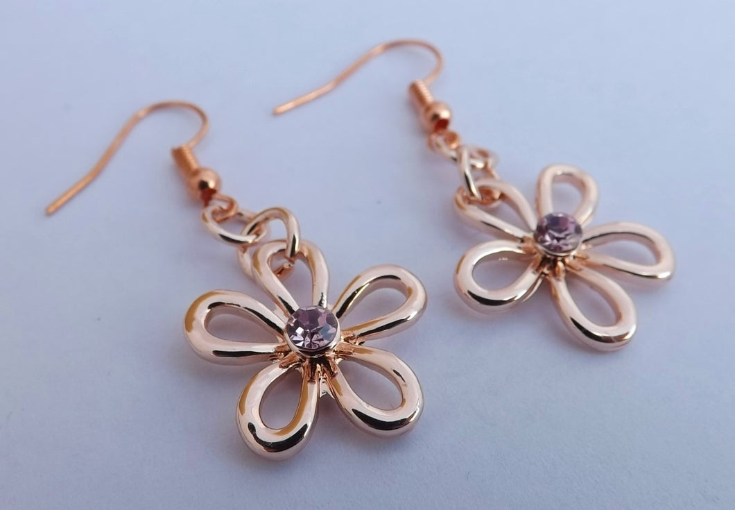 Pink & Rose Gold Tone Flower Drop Earrings