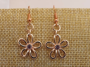 Pink & Rose Gold Tone Flower Drop Earrings