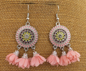 Silver Tone Chandelier Earrings with Flower Posy Tassel Drops (multiple colour options)