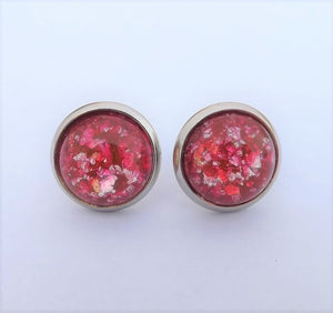 Pink & Silver Glittery Stud Earrings