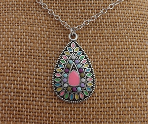 Pink & Silver Tone Dotted Teardrop Pendant Necklace