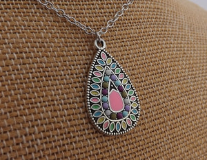 Pink & Silver Tone Dotted Teardrop Pendant Necklace