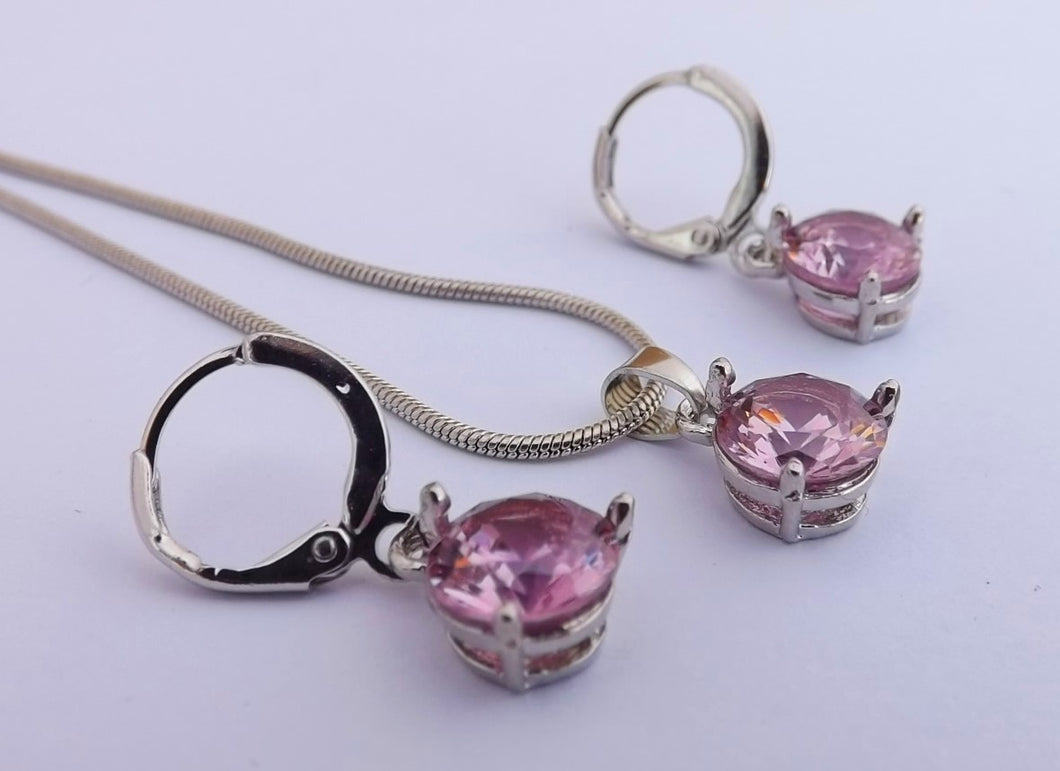 Pink & Silver Tone Round Crystal Cut Round Faceted Necklace & Earrings Set