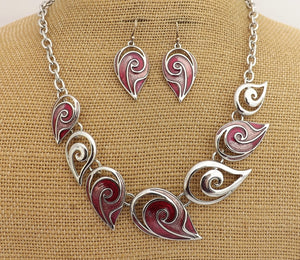 Pink & Silver Tone Spiral Collar Necklace & Earrings Set