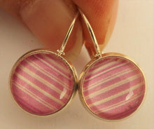 Load image into Gallery viewer, Pink &amp; White Stripes - Silver Tone Dome Earrings on Lever Back Hooks
