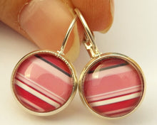 Load image into Gallery viewer, Pink &amp; White Stripes  - Silver Tone Dome Earrings on Lever Back Hooks
